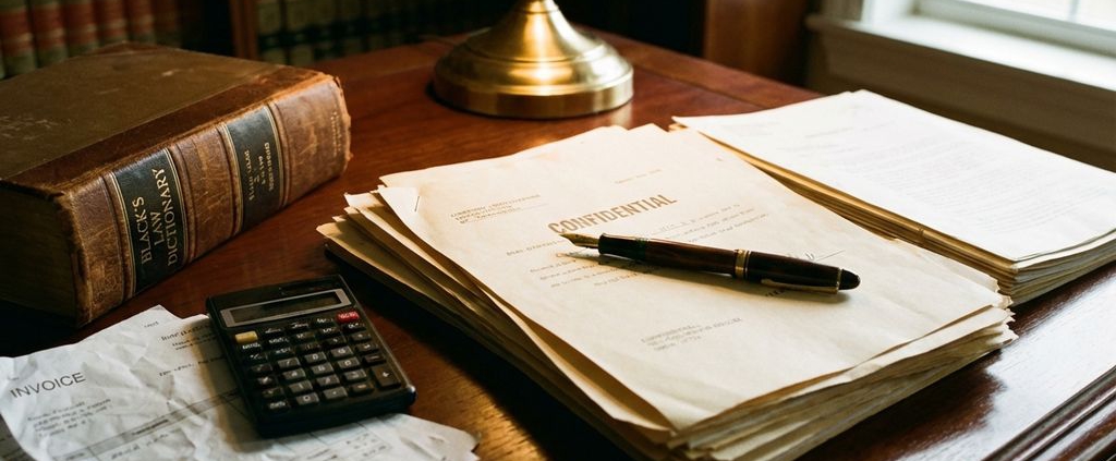 Vulpen op juridische documenten naast wetboek en rekenmachine op mahoniehouten bureau met warme bureaulamp