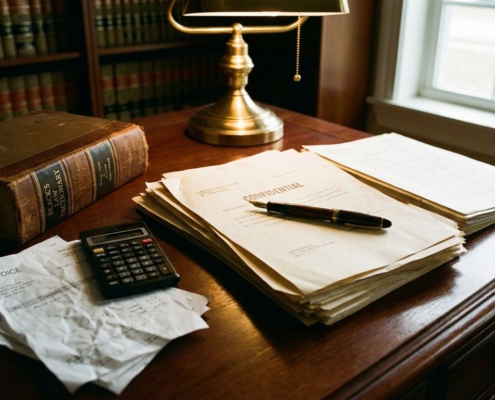 Vulpen op juridische documenten naast wetboek en rekenmachine op mahoniehouten bureau met warme bureaulamp
