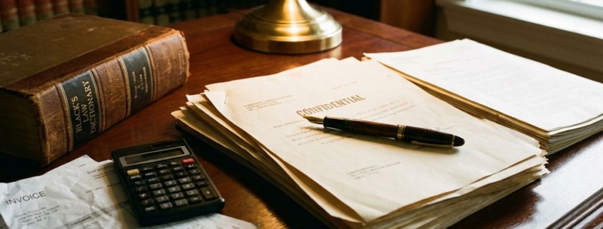 Vulpen op juridische documenten naast wetboek en rekenmachine op mahoniehouten bureau met warme bureaulamp