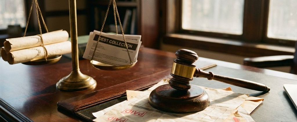 Houten hamer op stapel onbetaalde facturen naast weegschaal met juridische documenten op advocatenkantoor