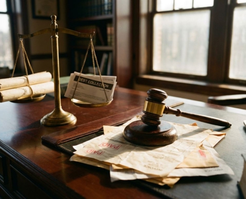 Houten hamer op stapel onbetaalde facturen naast weegschaal met juridische documenten op advocatenkantoor