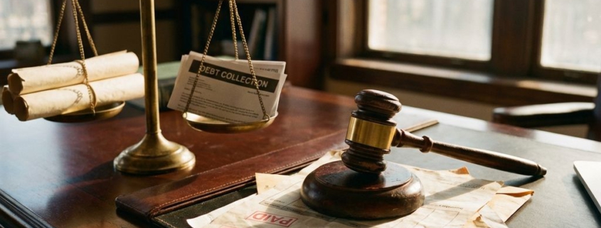 Houten hamer op stapel onbetaalde facturen naast weegschaal met juridische documenten op advocatenkantoor