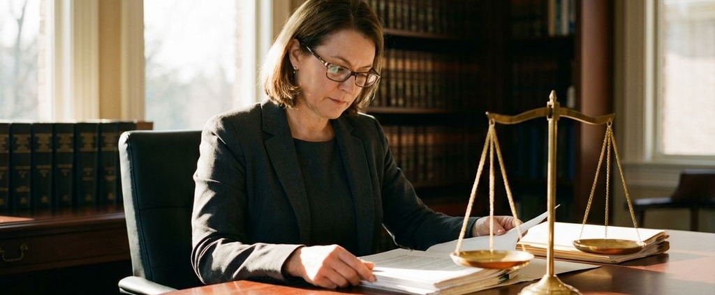 Advocaat in donker pak bestudeert juridische documenten aan bureau met weegschaal van justitie in kantoor