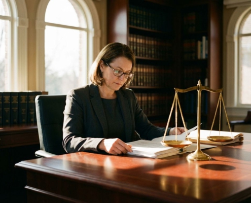 Advocaat in donker pak bestudeert juridische documenten aan bureau met weegschaal van justitie in kantoor