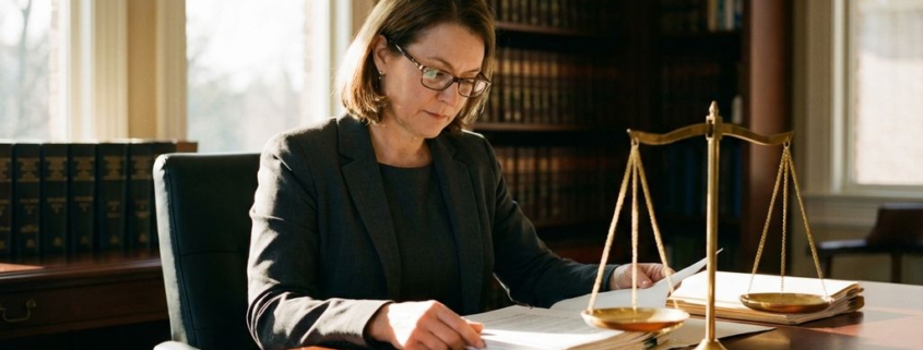 Advocaat in donker pak bestudeert juridische documenten aan bureau met weegschaal van justitie in kantoor