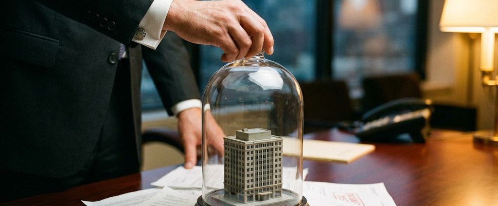 Zakenman in pak plaatst glazen koepel over miniatuur kantoorgebouw op bureau met juridische documenten