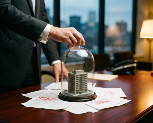 Zakenman in pak plaatst glazen koepel over miniatuur kantoorgebouw op bureau met juridische documenten