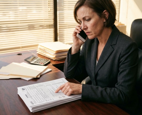 Zakenvrouw in donker pak bekijkt belastingdocumenten aan bureau terwijl ze telefoneert, rekenmachine en facturen zichtbaar