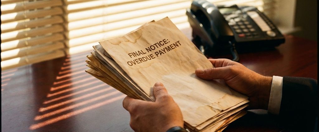 Zakenman houdt stapel achterstallige betalingsherinneringen vast aan mahonie bureau met telefoon in zonlicht