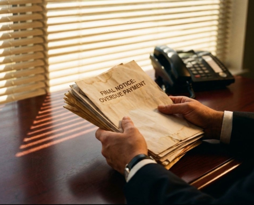 Zakenman houdt stapel achterstallige betalingsherinneringen vast aan mahonie bureau met telefoon in zonlicht