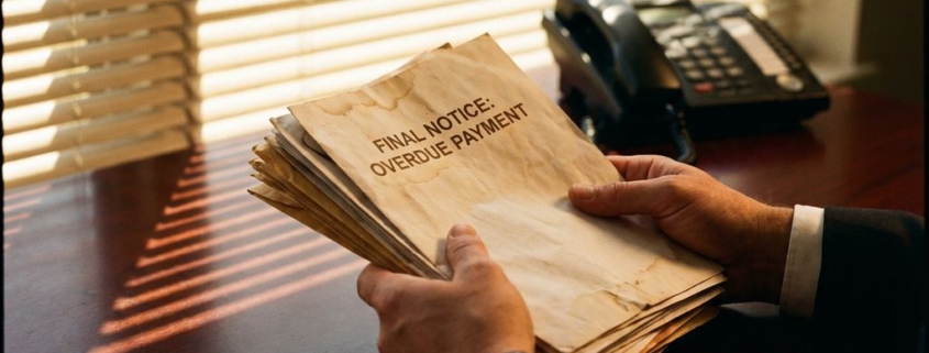 Zakenman houdt stapel achterstallige betalingsherinneringen vast aan mahonie bureau met telefoon in zonlicht