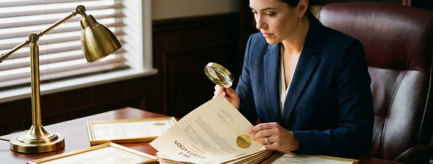 Zakenvrouw in marineblauw pak bestudeert BGI-registratiedocumenten met vergrootglas aan mahonie bureau