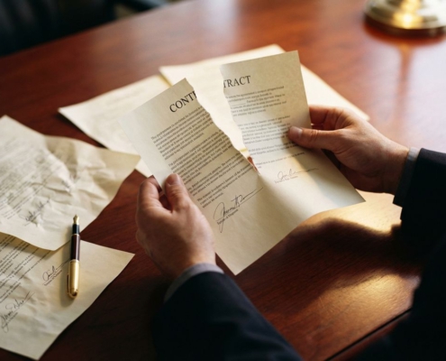 Zakenhand houdt verscheurd contract vast op mahoniehout bureau met verspreid papier en gouden vulpen