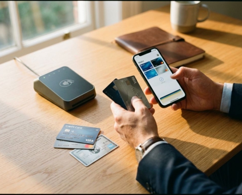 Zakenpersoon houdt betaalkaarten en smartphone met digitale portemonnee boven houten bureau naast kaartlezer