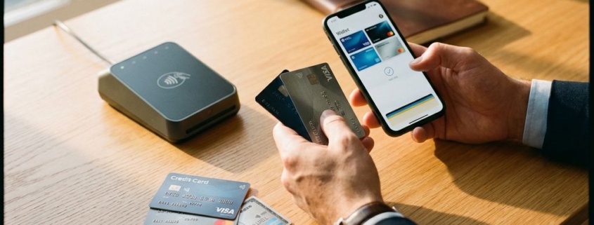 Zakenpersoon houdt betaalkaarten en smartphone met digitale portemonnee boven houten bureau naast kaartlezer