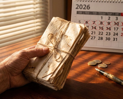 Verweerde zakenmanhand houdt stapel vergeelde facturen vast, 2026 kalender op achtergrond, euromunt en pen op bureau