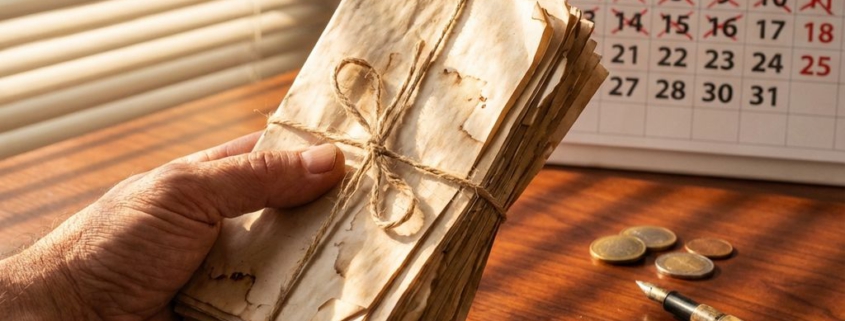 Verweerde zakenmanhand houdt stapel vergeelde facturen vast, 2026 kalender op achtergrond, euromunt en pen op bureau