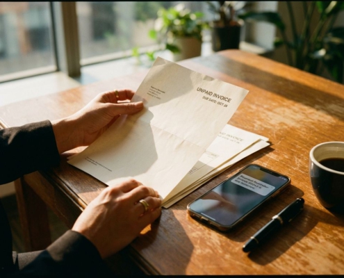 Zakenvrouw bekijkt onbetaalde factuur op houten bureau met smartphone betalingsherinnering en koffiekopje