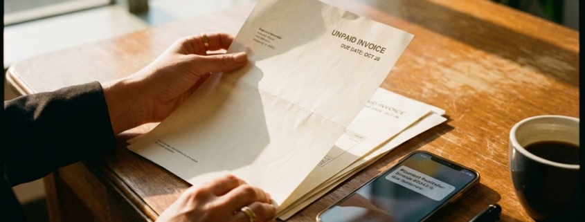 Zakenvrouw bekijkt onbetaalde factuur op houten bureau met smartphone betalingsherinnering en koffiekopje