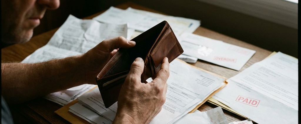 Zakenman houdt lege portemonnee boven bureau vol onbetaalde rekeningen en aanmaningen in dramatisch licht