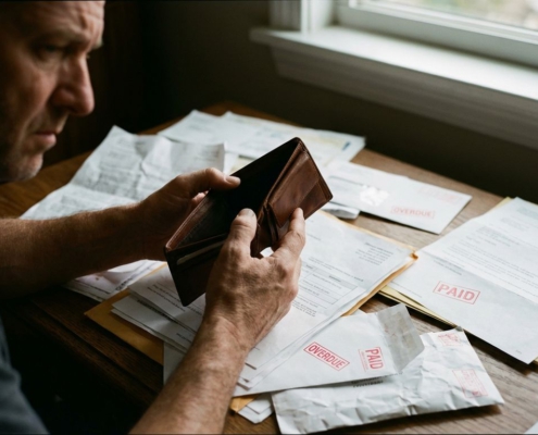 Zakenman houdt lege portemonnee boven bureau vol onbetaalde rekeningen en aanmaningen in dramatisch licht