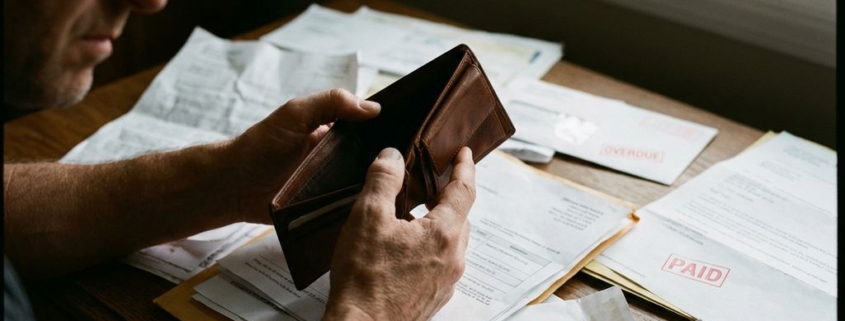Zakenman houdt lege portemonnee boven bureau vol onbetaalde rekeningen en aanmaningen in dramatisch licht