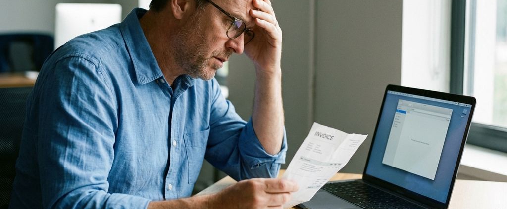 Gefrustreerde kantoormedewerker houdt factuur vast terwijl hij naar lege e-mailinbox op laptop kijkt, onbetaalde rekeningen op bureau