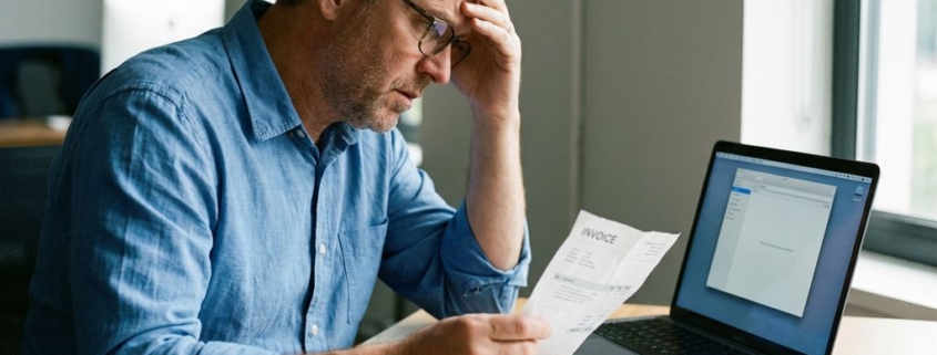 Gefrustreerde kantoormedewerker houdt factuur vast terwijl hij naar lege e-mailinbox op laptop kijkt, onbetaalde rekeningen op bureau