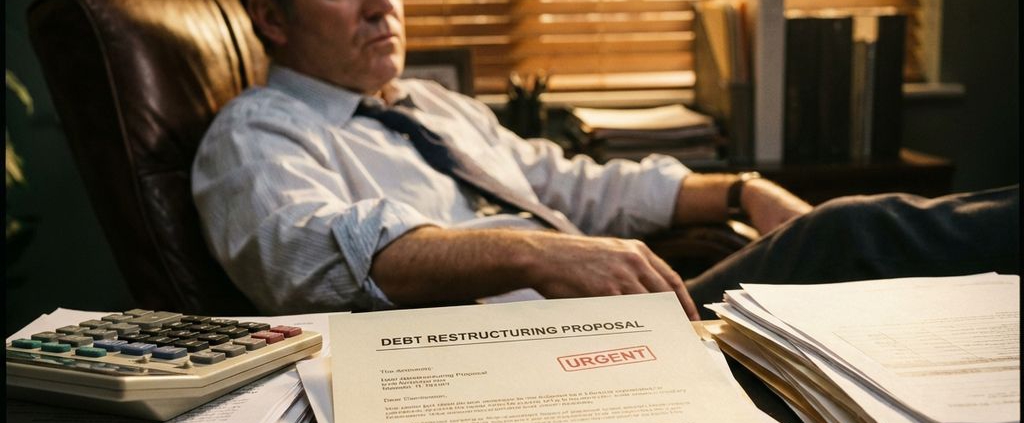 Bezorgde ondernemer bekijkt herstructureringsbrief en financiële documenten aan mahonie bureau in kantoor