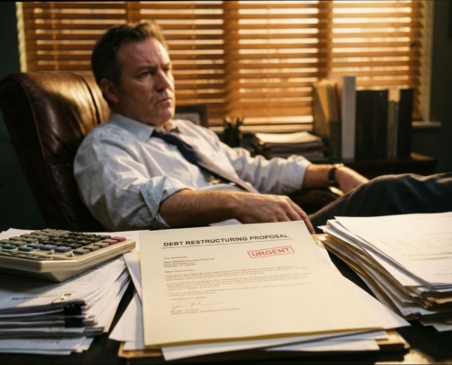 Bezorgde ondernemer bekijkt herstructureringsbrief en financiële documenten aan mahonie bureau in kantoor