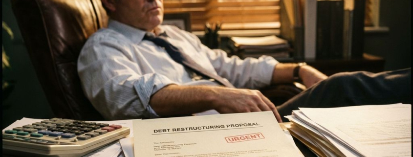 Bezorgde ondernemer bekijkt herstructureringsbrief en financiële documenten aan mahonie bureau in kantoor