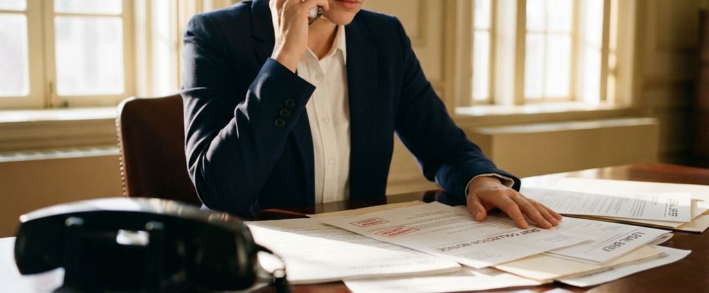 Zakenvrouw in marineblauw pak belt met smartphone aan bureau met incassodocumenten en juridische papieren