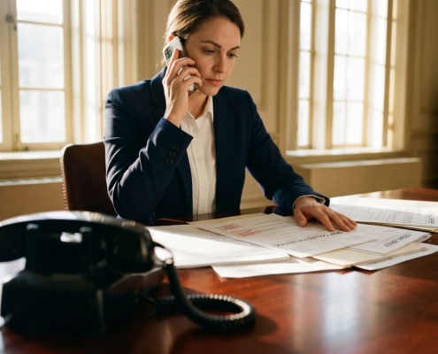 Zakenvrouw in marineblauw pak belt met smartphone aan bureau met incassodocumenten en juridische papieren