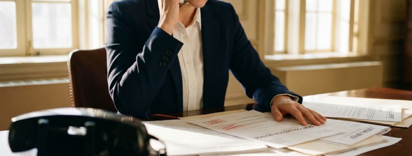 Zakenvrouw in marineblauw pak belt met smartphone aan bureau met incassodocumenten en juridische papieren