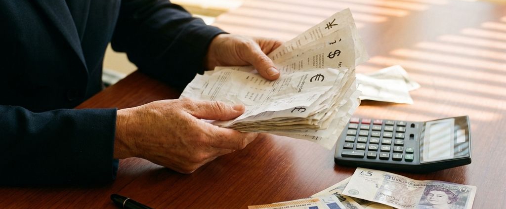 Professionele zakenvrouw houdt internationale facturen met valutasymbolen, buitenlands geld op mahonie bureau