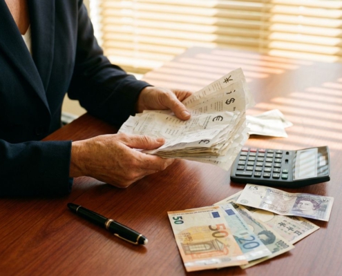 Professionele zakenvrouw houdt internationale facturen met valutasymbolen, buitenlands geld op mahonie bureau