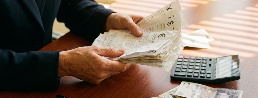 Professionele zakenvrouw houdt internationale facturen met valutasymbolen, buitenlands geld op mahonie bureau