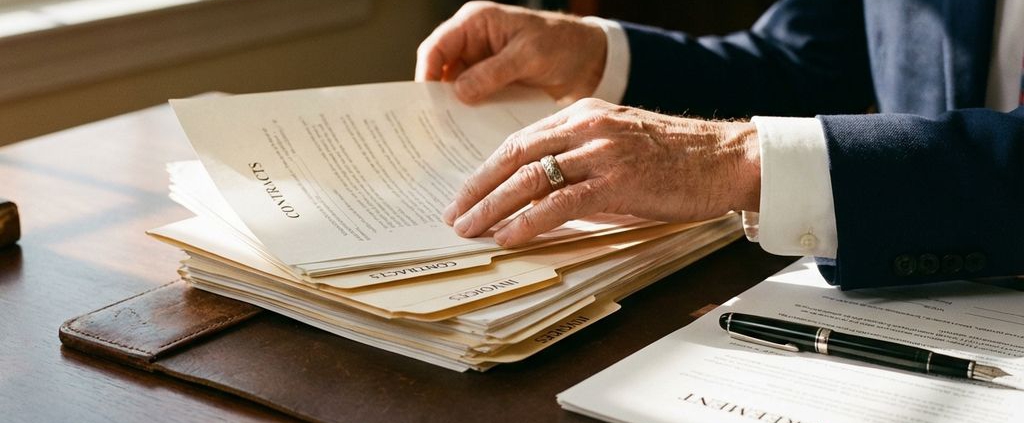 Professionele handen organiseren juridische documenten en contracten op houten bureau met pen in natuurlijk licht