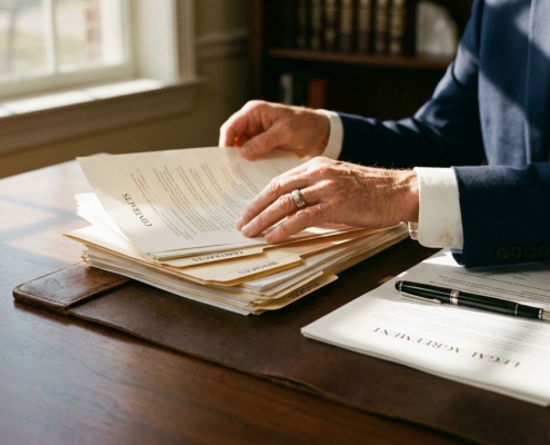 Professionele handen organiseren juridische documenten en contracten op houten bureau met pen in natuurlijk licht