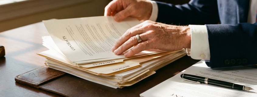 Professionele handen organiseren juridische documenten en contracten op houten bureau met pen in natuurlijk licht