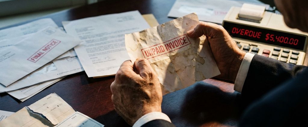 Zakenman houdt verfrommelde onbetaalde factuur vast boven bureau met rekenmachine, juridische documenten en betalingsherinneringen