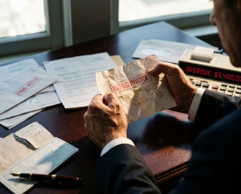 Zakenman houdt verfrommelde onbetaalde factuur vast boven bureau met rekenmachine, juridische documenten en betalingsherinneringen