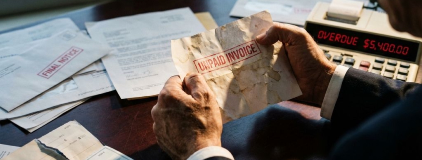 Zakenman houdt verfrommelde onbetaalde factuur vast boven bureau met rekenmachine, juridische documenten en betalingsherinneringen