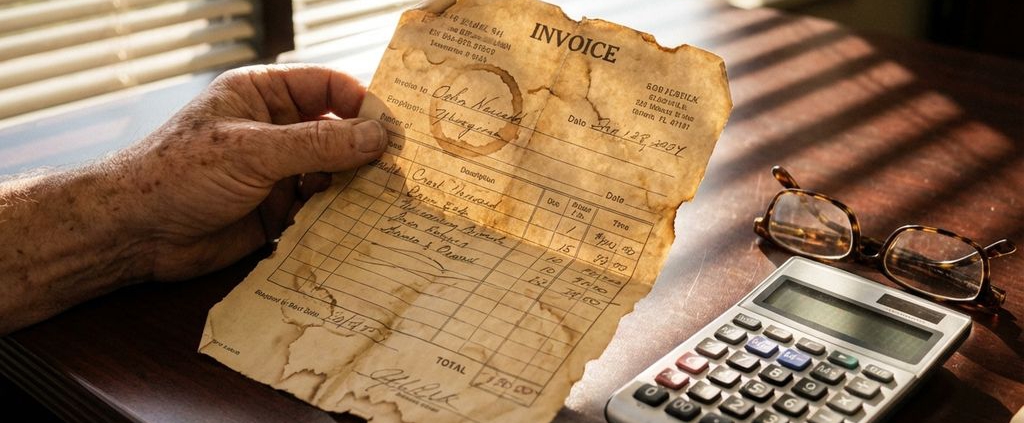 Versleten zakenmannenhand houdt vergeelde factuur vast op mahonie bureau naast calculator en leesbril