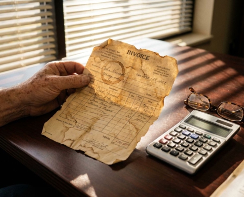 Versleten zakenmannenhand houdt vergeelde factuur vast op mahonie bureau naast calculator en leesbril