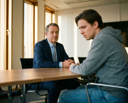 Professionele bedrijfsmediator in marineblauw pak zit kalm tegenover bezorgde cliënt aan vergadertafel bij raam