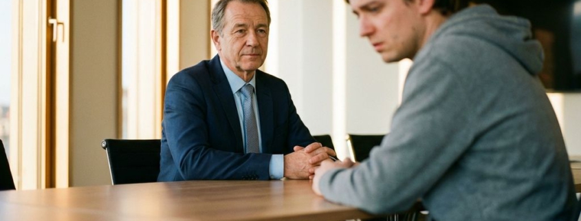 Professionele bedrijfsmediator in marineblauw pak zit kalm tegenover bezorgde cliënt aan vergadertafel bij raam