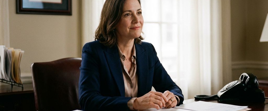 Professionele zakenvrouw in marineblauw pak bekijkt incassodocumenten aan bureau met empathische uitdrukking