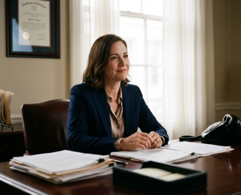 Professionele zakenvrouw in marineblauw pak bekijkt incassodocumenten aan bureau met empathische uitdrukking