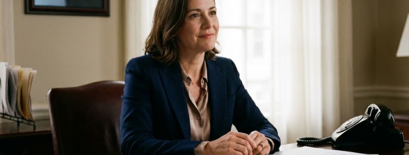 Professionele zakenvrouw in marineblauw pak bekijkt incassodocumenten aan bureau met empathische uitdrukking